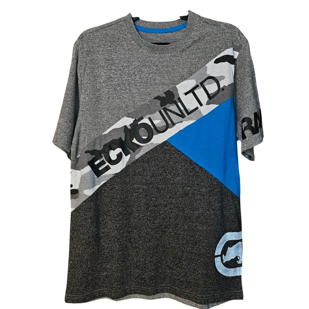 NEW Ecko Unltd Mens‎ Colorblock Camo Graphic T-Shirt Grey Blue Rhino Logo Medium